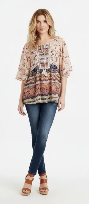Anthropologie Meadow Rue Batai Peasant Tassel Mixed Floral Crochet Lace Top thumbnail 1