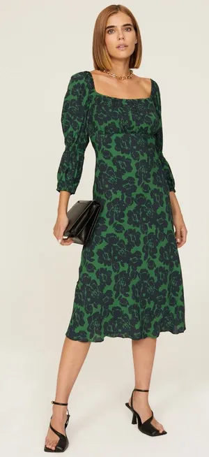 Peter Som Green Floral Print Crepe Long Sleeve Square Neck Midi Dress Size 6 thumbnail 1