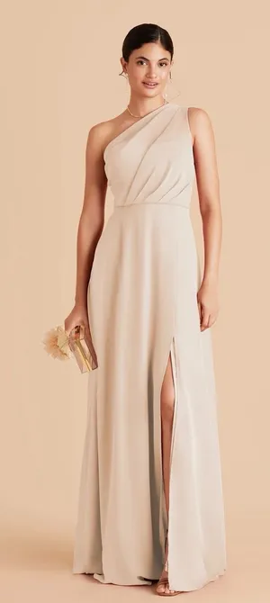 Birdy Grey Kira One Shoulder Chiffon Bridesmaid Formal Dress Slit Champagne L thumbnail 1