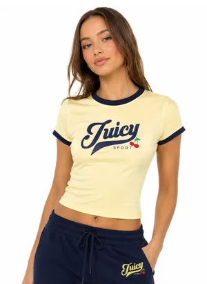 Juicy Couture Sport Cherry Baby Tee Ringer Crop Top Lemonade‎ Yellow Size S NWT thumbnail 1