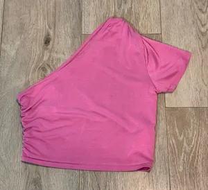 Urban Outfitters Pink One‎ Shoulder Top Ruched Sleeves Crop Top Size Small S thumbnail 1