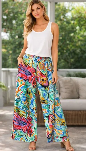 Caleooa Abstract Print Wide Leg Pants NWT Size L | Colorful Resort Palazzo Pant thumbnail 1