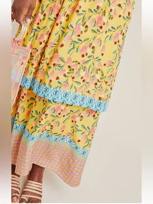 FARM Rio for Anthropologie Anjou Yellow Floral Maxi Dress with Blue Trim Size 0 thumbnail 3