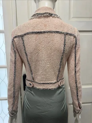 Veronica Beard Cotton Blend Pale Pink Tweed Fringed Blazer with Gray Trim S XS thumbnail 10