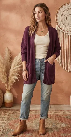 American Eagle Outfitters Maroon Plum Open Front Chunky Knit Cardigan Sweater X thumbnail 1