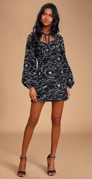 Lulus Chic It Out Black Print Long Sleeve Cutout Mini Dress - Size M thumbnail 1