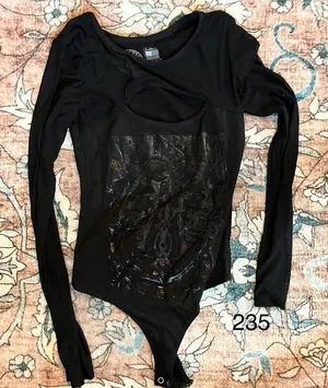 Affliction Live Fast Women’s Bodysuit Size XS Sheer Mesh Low Cut Black Moto thumbnail 1