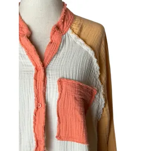 Aerie‎ Gauzy Coverup Shirt Women Small Mango White Colorblock Cotton Oversized thumbnail 6