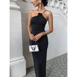 Commense Minimalist Bodycon Off Shoulder Black Rose Decor Ruched Maxi Dress S thumbnail 8