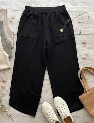 Trendy Queen Black Cropped Wide Leg Pants Tulip Hem Pockets Medium thumbnail 1