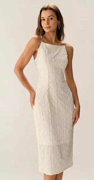 Rihoas Beige Textured Beaded Slip Midi Dress thumbnail 1