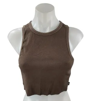 Aritzia TNA Women Brown Sculpt Sleeveless High Neck Rib Knit Tank Crop Top Sz M thumbnail 1