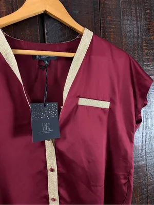 INC Burgundy Satin Blouse Pajama Top XS thumbnail 7