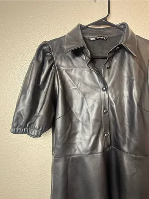 Zara Black‎ Faux-Leather Puff Sleeve Mini Dress Size M thumbnail 4