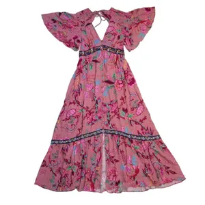 NWT by Anthropologie Ruffled Embroidered Maxi in Pink Floral V-neck Dress S thumbnail 6