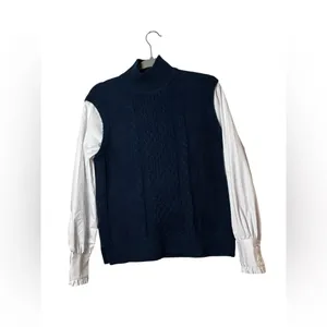 LOFT Sweater Vest Blouse Combo Womens S Navy‎ White Cable Knit Mixed Media Top thumbnail 2
