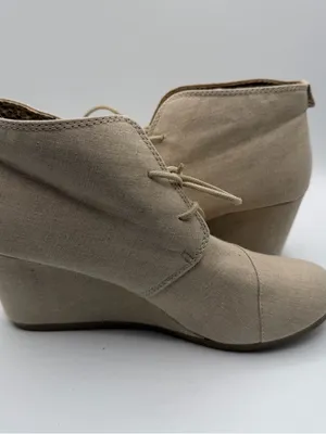 Call It Spring Wedge Booties Womens 7.5 Beige Canvas Lace Up Leopard thumbnail 6