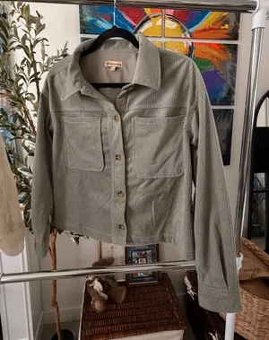 Democracy Women's Fall Soft Corduroy Cropped Jacket Lapel Collar Gray Green Tone Button-Up thumbnail 1