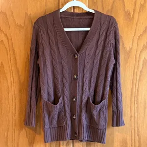 Brown Cable Knit Button Front V-Neck Cardigan Sweater Size Small Fall Season thumbnail 2