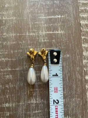 Vintage Gold-Tone Faux Pearl Drop Earrings with Crystal Accents, Pierced thumbnail 3
