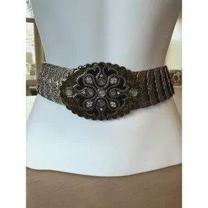 Belt OSFM Metal Silver Tone Elastic Stretch Oval Buckle w/ Enamel & Bling Vtg thumbnail 2