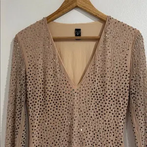 Windsor Sequin V-Neck Long Sleeve Dress - Tan EUC thumbnail 2