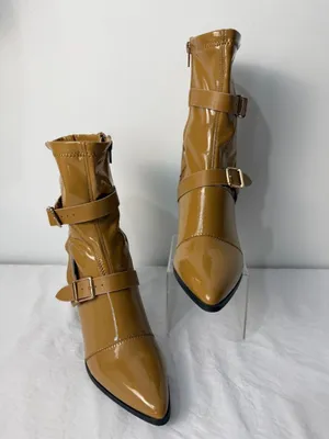 Bamboo Patent Leather Ankle Boots Women’s 7.5 Block Heel Buckle Strap Tan Brown thumbnail 11