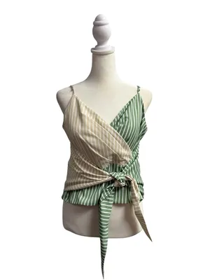 Mare Mare x Anthropologie Tie Front Striped Wrap Tank Top Green Beige Medium thumbnail 3