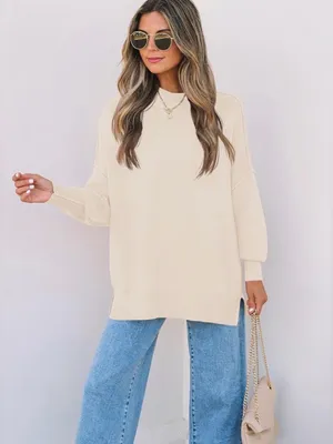 Women's Cream Oversized Crewneck Sweater - Casual Relaxed Fit thumbnail 4
