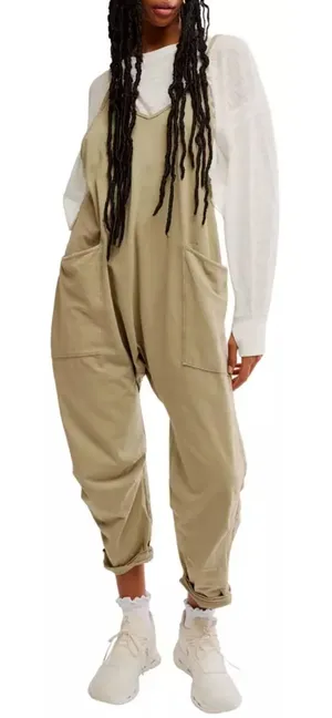 Free People Movement Hot Shot Jumpsuit Romper Sage Stone Size L Wide Leg Pockets thumbnail 1