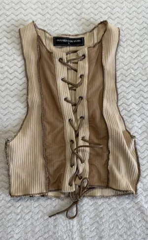 Maniere De Voir Womens Ribbed Lace Up Corset Top Tan Brown Mesh Panel Size 8 thumbnail 1