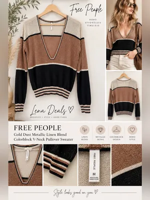 Free People Gold Dust Metallic Linen Blend Colorblock V-Neck Pullover Sweater M thumbnail 2