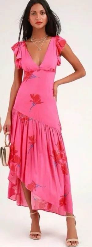 Free People Tropical Hawaiian Hibiscus Hot Pink Floral Maxi Dress Size 8 Summer thumbnail 1