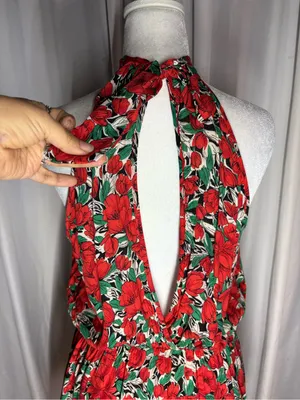 Red Floral Halter Mini Dress with Green Accents thumbnail 5