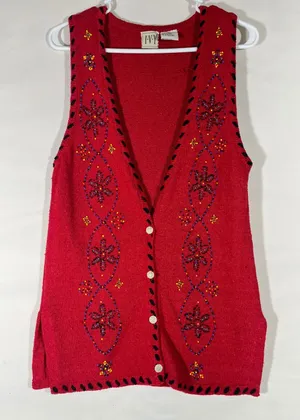 IVY Vintage Beaded Knit Sweater Vest Womens M Red Floral Whipstitch V-Neck Artsy thumbnail 1