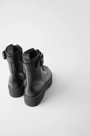 ZARA Leather Lug Sole Biker Combat Ankle Boot Shoed 5152/001/040 Black thumbnail 4