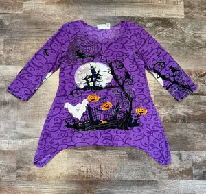 Collections Etc. Vintage Halloween 3/4 Sleeve Purple Blouse Sequins Ghost Medium thumbnail 1