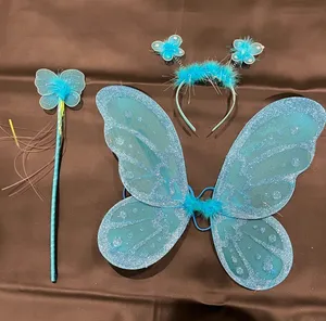 Kids Blue glitter fairy wings, wand and headband set thumbnail 1