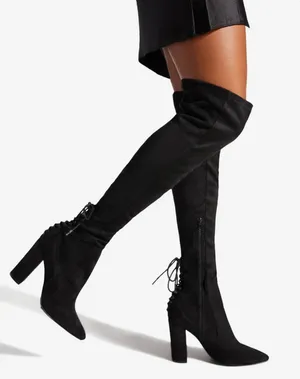 Ivona Stretch Over The Knee Boots Black Faux Suede Tie Detail 4” Heel thumbnail 1