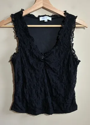 Pink Rose Lace V-Neck Cami Tank Top Medium Black Women Ruffle Trim Bow thumbnail 1