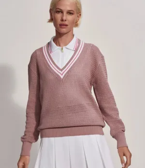 Varley Women’s V-Neck Knit Sweater Brown with Pink & White Detailing NWOT thumbnail 1