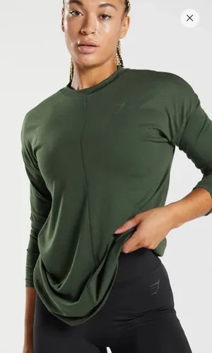 GymShark POWER LONG SLEEVE T-SHIRT women’s oversized olive green M thumbnail 1