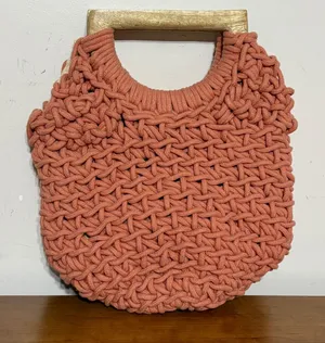 A New Day Terracotta Coral Macrame Woven Handbag‎ with Wood Handle Tote Bag thumbnail 1