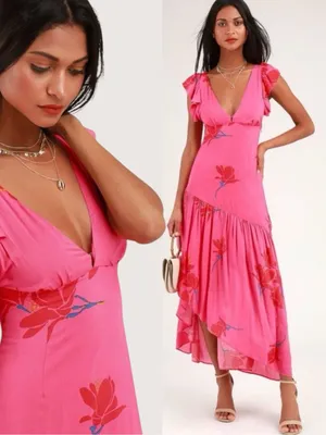 Free People Tropical Hawaiian Hibiscus Hot Pink Floral Maxi Dress Size 8 Summer thumbnail 2