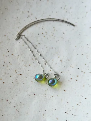 Handmade aurora olive green mini teardrop Czech glass simple minimalist thread earrings💚🫒 thumbnail 2