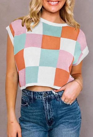 Womens Checkerboard Knit Sweater Vest Cropped Boxy Crew Neck Top Disco Festival thumbnail 1
