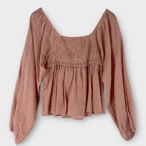 Forever Sunny Smocked Gingham Blouse Petal Pink Balloon Sleeves Peasant Milkmaid thumbnail 3