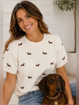 NWT Calligraphie Dachshund Embroidered Puff Sleeve Sweater Top Size Large thumbnail 1