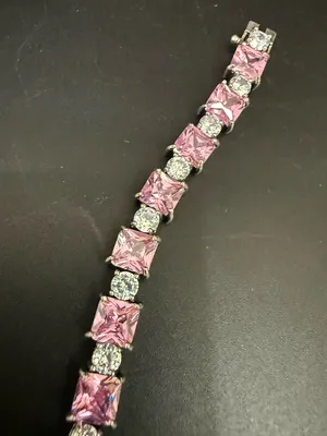 Vintage 925 Sterling Silver Princess Cut Pink CZ & Clear Round Tennis Bracelet thumbnail 9