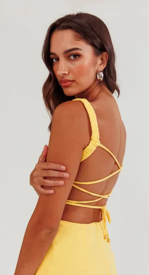 Selfie Leslie Dream Crush Lace Up Midi Dress Lemon Large NWT thumbnail 2